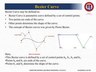 COMPUTER GRAPHICS AND IMAGE PROCESSING-1151CS113 JAGANRAJA.V AP/CSE
Bezier Curve
Bezier Curve may be defined as-
• Bezier Curve is parametric curve defined by a set of control points.
• Two points are ends of the curve.
• Other points determine the shape of the curve.
• The concept of Bezier curves was given by Pierre Bezier.
Here,
•This Bezier curve is defined by a set of control points b0, b1, b2 and b3.
•Points b0 and b3 are ends of the curve.
•Points b1 and b2 determine the shape of the curve.
 