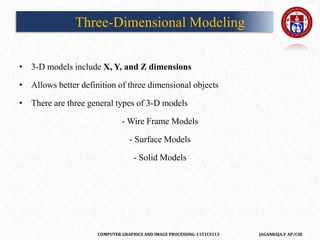 COMPUTER GRAPHICS AND IMAGE PROCESSING-1151CS113 JAGANRAJA.V AP/CSE
Three-Dimensional Modeling
• 3-D models include X, Y, and Z dimensions
• Allows better definition of three dimensional objects
• There are three general types of 3-D models
- Wire Frame Models
- Surface Models
- Solid Models
 