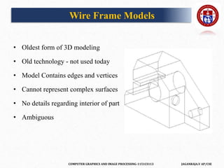COMPUTER GRAPHICS AND IMAGE PROCESSING-1151CS113 JAGANRAJA.V AP/CSE
Wire Frame Models
• Oldest form of 3D modeling
• Old technology - not used today
• Model Contains edges and vertices
• Cannot represent complex surfaces
• No details regarding interior of part
• Ambiguous
 