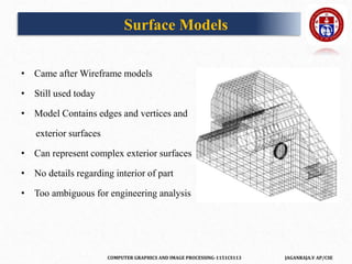 COMPUTER GRAPHICS AND IMAGE PROCESSING-1151CS113 JAGANRAJA.V AP/CSE
Surface Models
• Came after Wireframe models
• Still used today
• Model Contains edges and vertices and
exterior surfaces
• Can represent complex exterior surfaces
• No details regarding interior of part
• Too ambiguous for engineering analysis
 