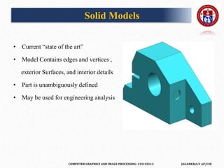 COMPUTER GRAPHICS AND IMAGE PROCESSING-1151CS113 JAGANRAJA.V AP/CSE
Solid Models
• Current “state of the art”
• Model Contains edges and vertices ,
exterior Surfaces, and interior details
• Part is unambiguously defined
• May be used for engineering analysis
 