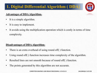 COMPUTER GRAPHICS AND IMAGE PROCESSING-1151CS113 JAGANRAJA.V AP/CSE
Advantages of DDAAlgorithm-
• It is a simple algorithm.
• It is easy to implement.
• It avoids using the multiplication operation which is costly in terms of time
complexity.
Disadvantages of DDAAlgorithm-
• There is an extra overhead of using round off( ) function.
• Using round off( ) function increases time complexity of the algorithm.
• Resulted lines are not smooth because of round off( ) function.
• The points generated by this algorithm are not accurate.
1. Digital Differential Algorithm ( DDA)
 