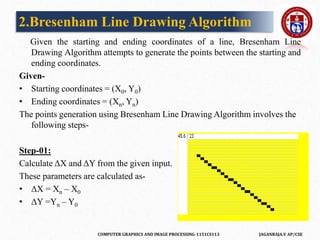 COMPUTER GRAPHICS AND IMAGE PROCESSING-1151CS113 JAGANRAJA.V AP/CSE
2.Bresenham Line Drawing Algorithm
Given the starting and ending coordinates of a line, Bresenham Line
Drawing Algorithm attempts to generate the points between the starting and
ending coordinates.
Given-
• Starting coordinates = (X0, Y0)
• Ending coordinates = (Xn, Yn)
The points generation using Bresenham Line Drawing Algorithm involves the
following steps-
Step-01:
Calculate ΔX and ΔY from the given input.
These parameters are calculated as-
• ΔX = Xn – X0
• ΔY =Yn – Y0
 
