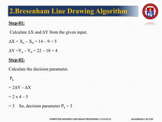 COMPUTER GRAPHICS AND IMAGE PROCESSING-1151CS113 JAGANRAJA.V AP/CSE
Step-01:
Calculate ΔX and ΔY from the given input.
ΔX = Xn – X0 = 14 – 9 = 5
ΔY =Yn – Y0 = 22 – 18 = 4
Step-02:
Calculate the decision parameter.
Pk
= 2ΔY – ΔX
= 2 x 4 – 5
= 3 So, decision parameter Pk = 3
2.Bresenham Line Drawing Algorithm
 