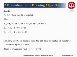 COMPUTER GRAPHICS AND IMAGE PROCESSING-1151CS113 JAGANRAJA.V AP/CSE
Step-03:
As Pk >= 0, so case-02 is satisfied.
Thus,
Pk+1 = Pk + 2ΔY – 2ΔX = 3 + (2 x 4) – (2 x 5) = 1
Xk+1 = Xk + 1 = 9 + 1 = 10
Yk+1 = Yk + 1 = 18 + 1 = 19
Similarly, Step-03 is executed until the end point is reached or number of
iterations equals to 4 times.
(Number of iterations = ΔX – 1 = 5 – 1 = 4)
2.Bresenham Line Drawing Algorithm
 
