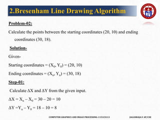 COMPUTER GRAPHICS AND IMAGE PROCESSING-1151CS113 JAGANRAJA.V AP/CSE
Problem-02:
Calculate the points between the starting coordinates (20, 10) and ending
coordinates (30, 18).
Solution-
Given-
Starting coordinates = (X0, Y0) = (20, 10)
Ending coordinates = (Xn, Yn) = (30, 18)
Step-01:
Calculate ΔX and ΔY from the given input.
ΔX = Xn – X0 = 30 – 20 = 10
ΔY =Yn – Y0 = 18 – 10 = 8
2.Bresenham Line Drawing Algorithm
 