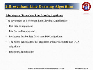 COMPUTER GRAPHICS AND IMAGE PROCESSING-1151CS113 JAGANRAJA.V AP/CSE
Advantages of Bresenham Line Drawing Algorithm-
The advantages of Bresenham Line Drawing Algorithm are-
• It is easy to implement.
• It is fast and incremental.
• It executes fast but less faster than DDAAlgorithm.
• The points generated by this algorithm are more accurate than DDA
Algorithm.
• It uses fixed points only.
2.Bresenham Line Drawing Algorithm
 
