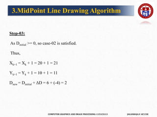 COMPUTER GRAPHICS AND IMAGE PROCESSING-1151CS113 JAGANRAJA.V AP/CSE
Step-03:
As Dinitial >= 0, so case-02 is satisfied.
Thus,
Xk+1 = Xk + 1 = 20 + 1 = 21
Yk+1 = Yk + 1 = 10 + 1 = 11
Dnew = Dinitial + ΔD = 6 + (-4) = 2
3.MidPoint Line Drawing Algorithm
 