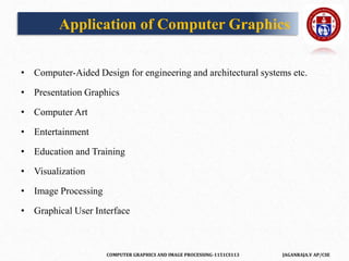 COMPUTER GRAPHICS AND IMAGE PROCESSING-1151CS113 JAGANRAJA.V AP/CSE
Application of Computer Graphics
• Computer-Aided Design for engineering and architectural systems etc.
• Presentation Graphics
• Computer Art
• Entertainment
• Education and Training
• Visualization
• Image Processing
• Graphical User Interface
 