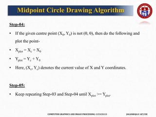 COMPUTER GRAPHICS AND IMAGE PROCESSING-1151CS113 JAGANRAJA.V AP/CSE
Step-04:
• If the given centre point (X0, Y0) is not (0, 0), then do the following and
plot the point-
• Xplot = Xc + X0
• Yplot = Yc + Y0
• Here, (Xc, Yc) denotes the current value of X and Y coordinates.
Step-05:
• Keep repeating Step-03 and Step-04 until Xplot >= Yplot.
Midpoint Circle Drawing Algorithm
 