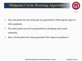 COMPUTER GRAPHICS AND IMAGE PROCESSING-1151CS113 JAGANRAJA.V AP/CSE
• Now, the points for rest of the part are generated by following the signs of
other quadrants.
• The other points can also be generated by calculating each octant
separately.
• Here, all the points have been generated with respect to quadrant-1-
Midpoint Circle Drawing Algorithm
 