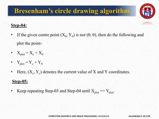 COMPUTER GRAPHICS AND IMAGE PROCESSING-1151CS113 JAGANRAJA.V AP/CSE
Step-04:
• If the given centre point (X0, Y0) is not (0, 0), then do the following and
plot the point-
• Xplot = Xc + X0
• Yplot = Yc + Y0
• Here, (Xc, Yc) denotes the current value of X and Y coordinates.
Step-05:
• Keep repeating Step-03 and Step-04 until Xplot => Yplot.
Bresenham’s circle drawing algorithm
 