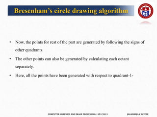 COMPUTER GRAPHICS AND IMAGE PROCESSING-1151CS113 JAGANRAJA.V AP/CSE
• Now, the points for rest of the part are generated by following the signs of
other quadrants.
• The other points can also be generated by calculating each octant
separately.
• Here, all the points have been generated with respect to quadrant-1-
Bresenham’s circle drawing algorithm
 