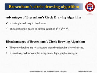 COMPUTER GRAPHICS AND IMAGE PROCESSING-1151CS113 JAGANRAJA.V AP/CSE
Advantages of Bresenham’s Circle Drawing Algorithm
 It is simple and easy to implement.
 The algorithm is based on simple equation x2 + y2 = r2.
Disadvantages of Bresenham’s Circle Drawing Algorithm
 The plotted points are less accurate than the midpoint circle drawing.
 It is not so good for complex images and high graphics images.
Bresenham’s circle drawing algorithm
 