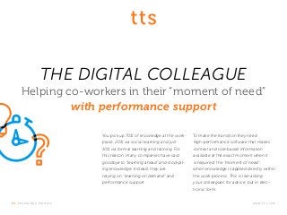 t t s k nowledge m at ter s .	www.tt-s.com
THE DIGITAL COLLEAGUE
Helping co-workers in their “moment of need”
with performance support
You pick up 70 % of knowledge at the work-
place, 20 % via social learning and just
10 % via formal learning and training. For
this reason, many companies have said
goodbye to “learning ahead” and stockpil-
ing knowledge. Instead, they are
relying on “learning on demand” and
performance support.
To make the transition they need
high-performance software that makes
context and role-based information
available at the exact moment when it
is required: the “moment of need”,
when knowledge is applied directly within
the work process. This is like asking
your colleagues for advice, but in elec-
tronic form.
 
