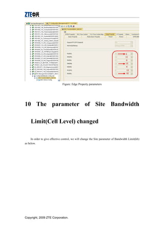 Figure: Edge Property parameters
10 The parameter of Site Bandwidth
Limit(Cell Level) changed
In order to give effective control, we will change the Site parameter of Bandwidth Limit(kb)
as below.
Copyright, 2009 ZTE Corporation.
 
