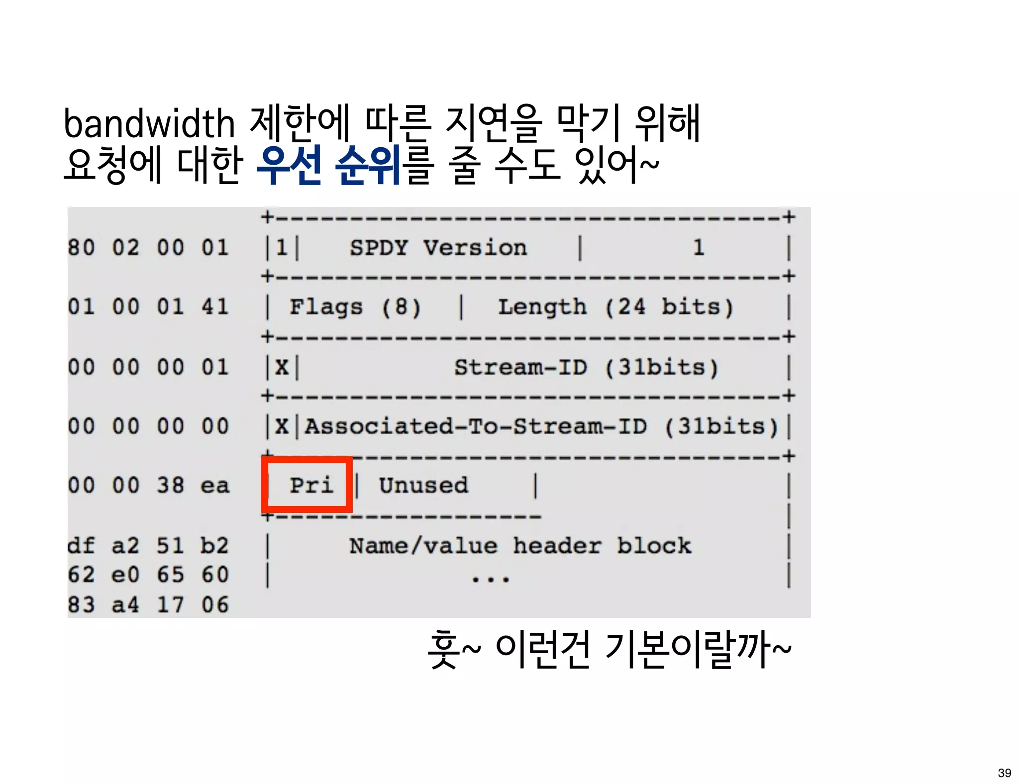 bandwidth 제한에 따른 지연을 막기 위해
요청에 대한 우선 순위를 줄 수도 있어~




              훗~ 이런건 기본이랄까~

                              39
 
