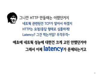 그니깐 HTTP 만들때는 이랬던거지
   네트웍 관련된건 TCP가 알아서 하겠지
   HTTP는 요청/응답 형태로 심플하게!
   Latency? 그건 먹는거임? 우걱우걱~

애초에 네트웍 성능에 대한건 크게 고민 안했던거야
    그래서 이제   latency가 문제되는거고


                               11
 