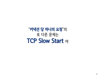 “커넥션 당 하나의 요청”의
   또 다른 문제는
TCP Slow Start 야




                   18
 