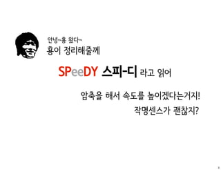 안녕~횽 왔다~
횽이 정리해줄께

  SPeeDY 스피-디 라고 읽어
       압축을 해서 속도를 높이겠다는거지!
               작명센스가 괜찮지?




                             3
 