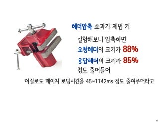 헤더압축 효과가 제법 커
             실험해보니 압축하면
             요청헤더의 크기가 88%
             응답헤더의 크기가 85%
             정도 줄어들어
이걸로도 페이지 로딩시간을 45~1142ms 정도 줄여주더라고




                                     53
 