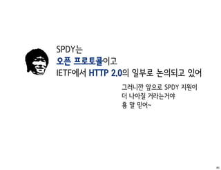 SPDY는
오픈 프로토콜이고
IETF에서 HTTP 2.0의 일부로 논의되고 있어
            그러니깐 앞으로 SPDY 지원이
            더 나아질 거라는거야
            횽 말 믿어~




                                80
 