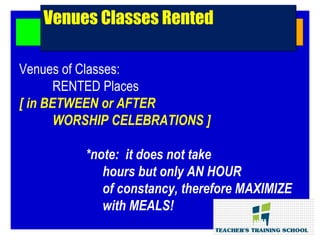 Venues of Classes:
RENTED Places
[ in BETWEEN or AFTER
WORSHIP CELEBRATIONS ]
*note: it does not take
hours but only AN HOUR
of constancy, therefore MAXIMIZE
with MEALS!
Venues Classes RentedVenues Classes Rented
 
