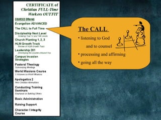 The CALL
• listening to God
and to counsel
• processing and affirming
• going all the way
 