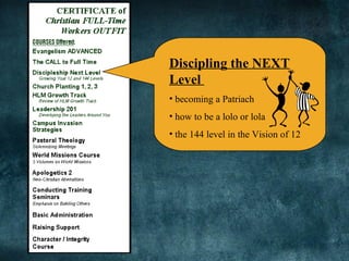 Discipling the NEXT
Level
• becoming a Patriach
• how to be a lolo or lola
• the 144 level in the Vision of 12
 