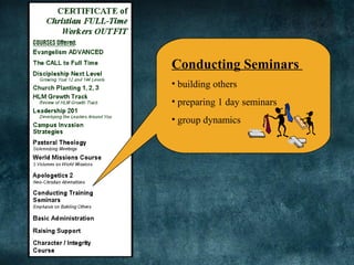 Conducting Seminars
• building others
• preparing 1 day seminars
• group dynamics
 