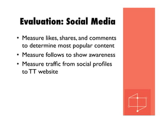 Evaluation: Social Media
•  Measure likes, shares, and comments
to determine most popular content
•  Measure follows to show awareness
•  Measure trafﬁc from social proﬁles
to TT website
 