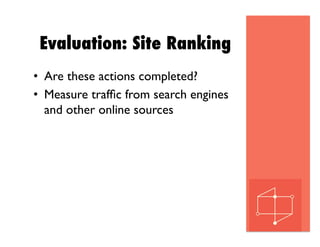 Evaluation: Site Ranking
•  Are these actions completed?
•  Measure trafﬁc from search engines
and other online sources
 