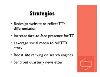 Strategies
•  Redesign website to reﬂect TT’s
differentiation
•  Increase face-to-face presence for TT
•  Leverage social media to tell TT’s
story
•  Boost site ranking on search engines
•  Send out quarterly newsletter
 