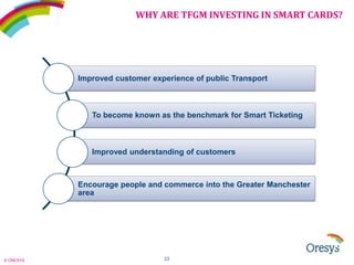 WHY ARE TFGM INVESTING IN SMART CARDS?

Improved customer experience of public Transport

To become known as the benchmark for Smart Ticketing

Improved understanding of customers

Encourage people and commerce into the Greater Manchester
area

© ORESYS

23

 