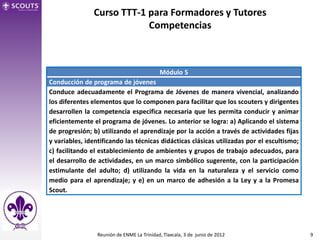 Curso TTT-1 para Formadores y Tutores
                           Competencias



                                            Módulo 5
Conducción de programa de jóvenes
Conduce adecuadamente el Programa de Jóvenes de manera vivencial, analizando
los diferentes elementos que lo componen para facilitar que los scouters y dirigentes
desarrollen la competencia especifica necesaria que les permita conducir y animar
eficientemente el programa de jóvenes. Lo anterior se logra: a) Aplicando el sistema
de progresión; b) utilizando el aprendizaje por la acción a través de actividades fijas
y variables, identificando las técnicas didácticas clásicas utilizadas por el escultismo;
c) facilitando el establecimiento de ambientes y grupos de trabajo adecuados, para
el desarrollo de actividades, en un marco simbólico sugerente, con la participación
estimulante del adulto; d) utilizando la vida en la naturaleza y el servicio como
medio para el aprendizaje; y e) en un marco de adhesión a la Ley y a la Promesa
Scout.




                 Reunión de ENME La Trinidad, Tlaxcala, 3 de junio de 2012                  9
 