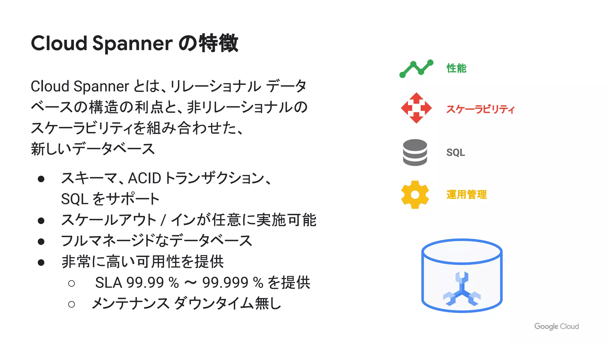 Cloud Spanner とは、リレーショナル データ
ベースの構造の利点と、非リレーショナルの
スケーラビリティを組み合わせた、
新しいデータベース
● スキーマ、ACID トランザクション、
SQL をサポート
● スケールアウト / インが任意に実施可能
● フルマネージドなデータベース
● 非常に高い可用性を提供
○ SLA 99.99 % 〜 99.999 % を提供
○ メンテナンス ダウンタイム無し
Cloud Spanner の特徴
性能
スケーラビリティ
SQL
運用管理
 