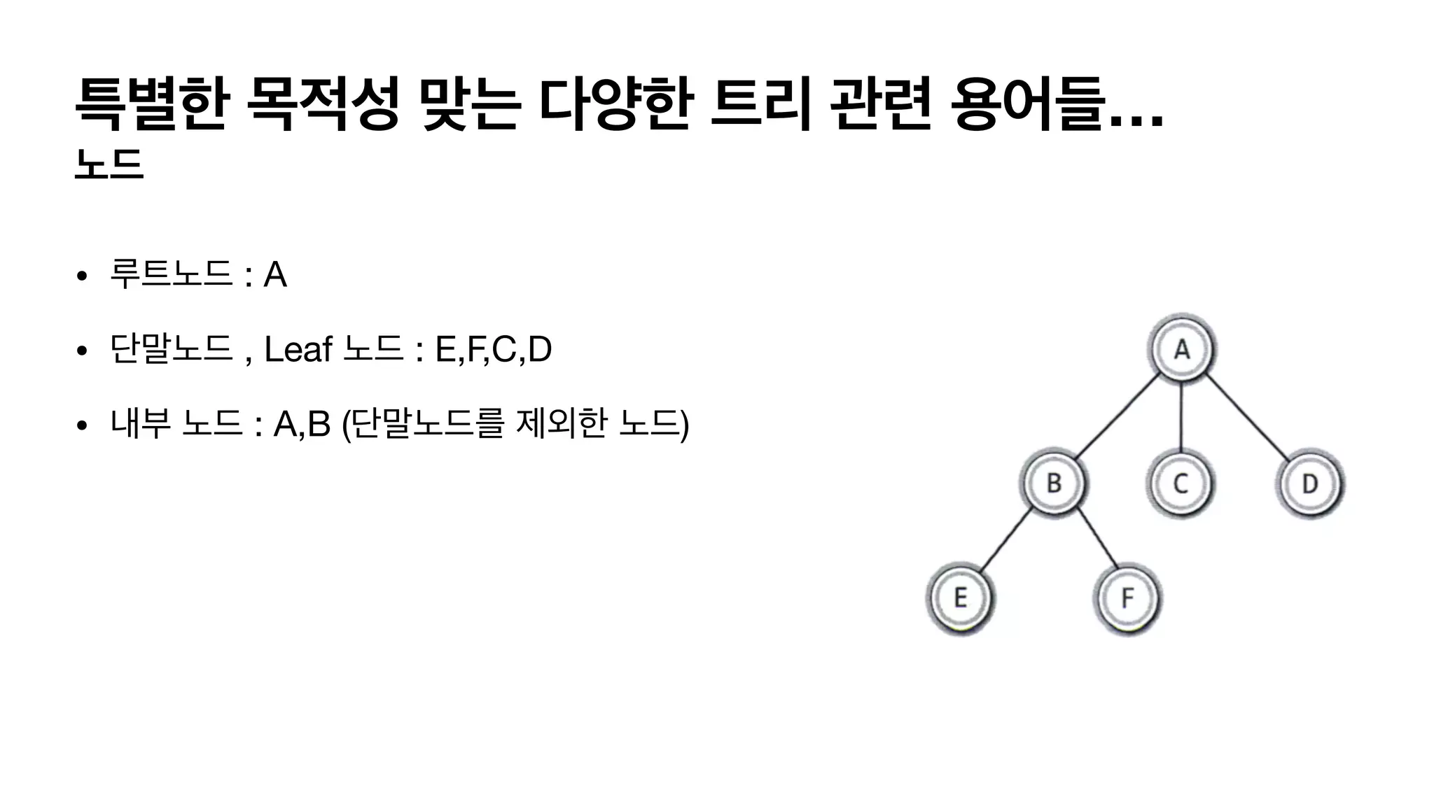 특별한 목적성 맞는 다양한 트리 관련 용어들… 노드 • 루트노드 : A • 단말노드 , Leaf 노드 : E,F,C,D • 내부 노드 : A,B (단말노드를 제외한 노드) 