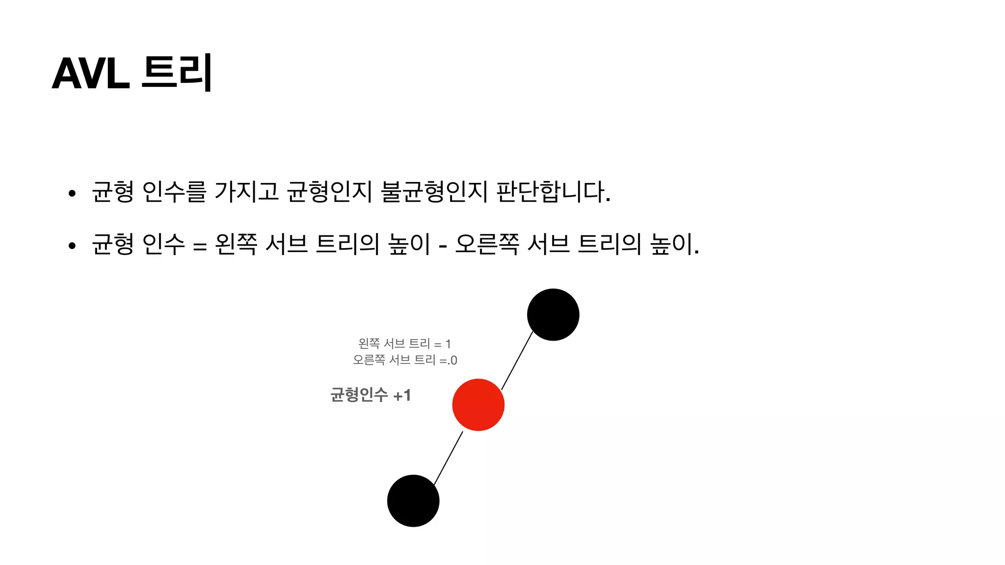 AVL 트리 • 균형 인수를 가지고 균형인지 불균형인지 판단합니다. • 균형 인수 = 왼쪽 서브 트리의 높이 - 오른쪽 서브 트리의 높이. 왼쪽 서브 트리 = 1 오른쪽 서브 트리 =.0 균형인수 +1 