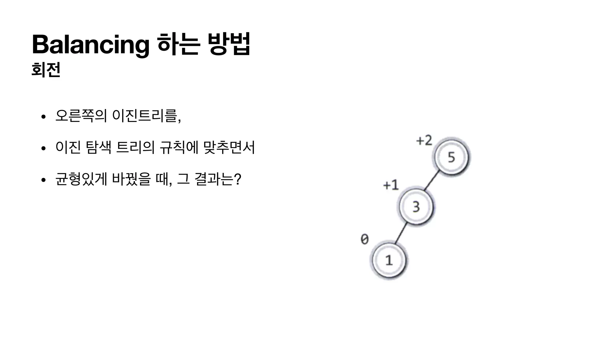 Balancing 하는 방법 회전 • 오른쪽의 이진트리를, • 이진 탐색 트리의 규칙에 맞추면서 • 균형있게 바꿨을 때, 그 결과는? 