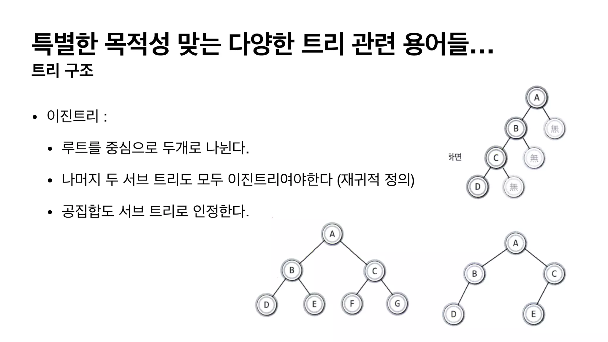 특별한 목적성 맞는 다양한 트리 관련 용어들… 트리 구조 • 이진트리 : • 루트를 중심으로 두개로 나뉜다. • 나머지 두 서브 트리도 모두 이진트리여야한다 (재귀적 정의) • 공집합도 서브 트리로 인정한다. 
