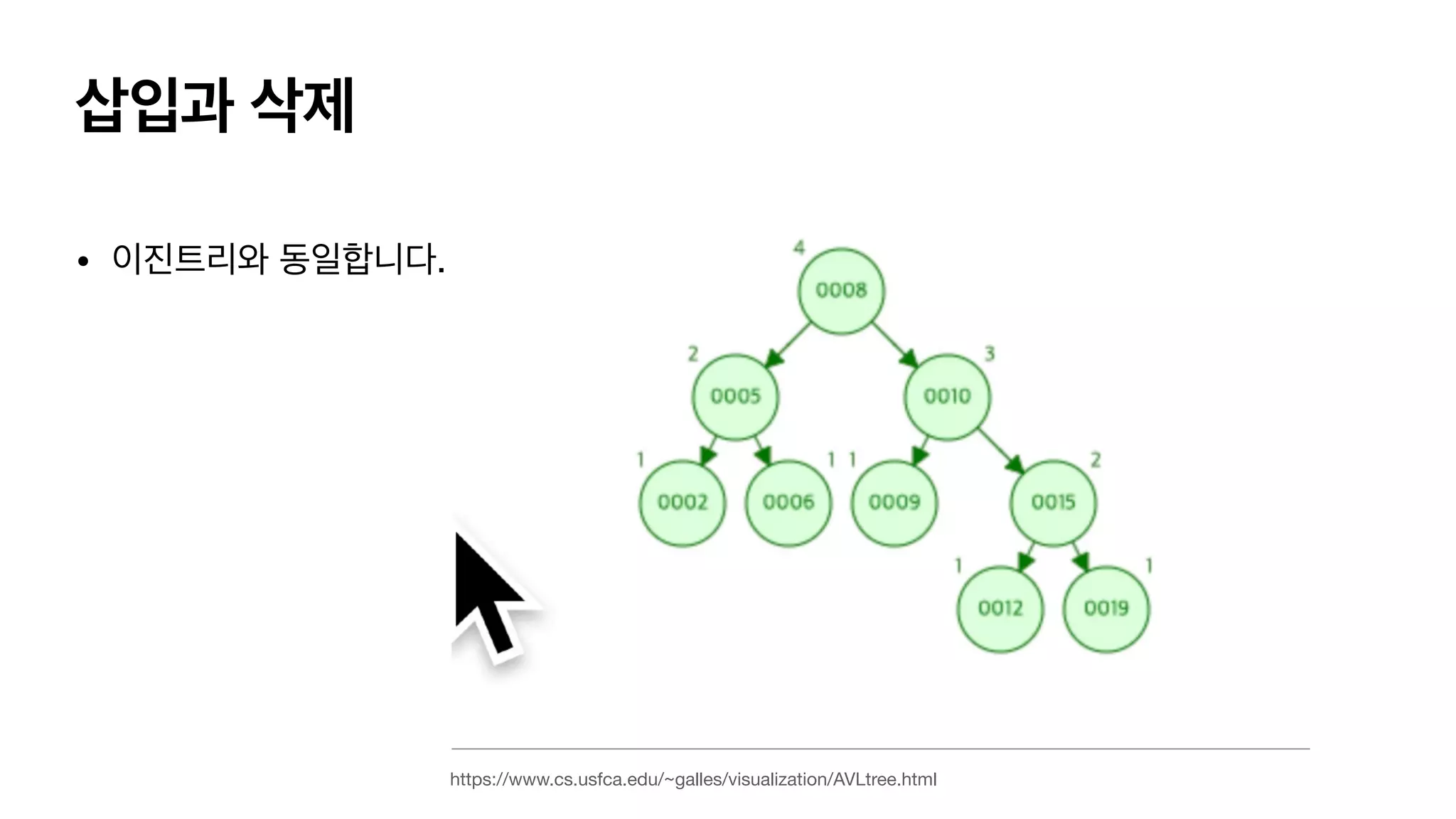 삽입과 삭제 • 이진트리와 동일합니다. https://www.cs.usfca.edu/~galles/visualization/AVLtree.html 
