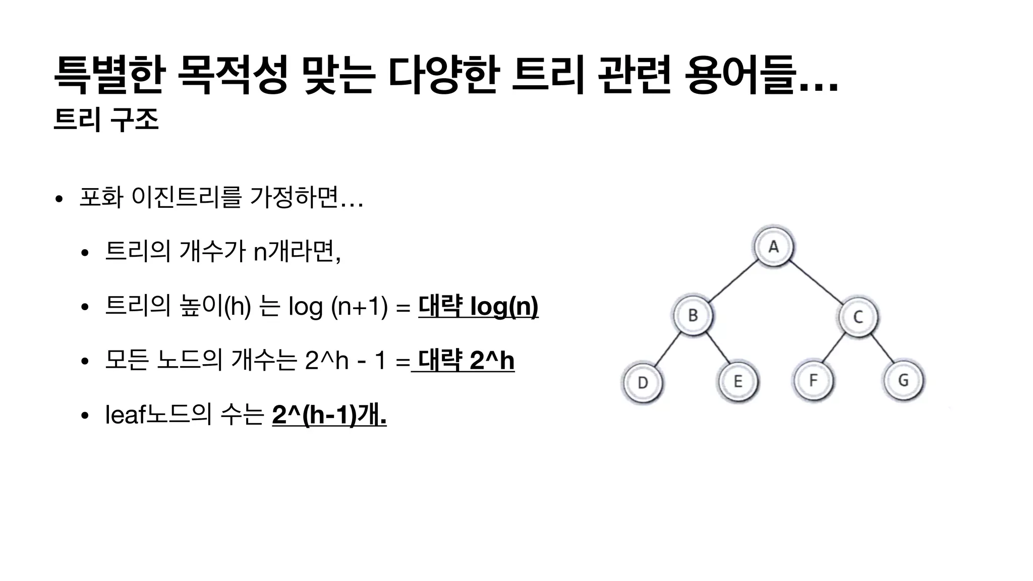 특별한 목적성 맞는 다양한 트리 관련 용어들… 트리 구조 • 포화 이진트리를 가정하면… • 트리의 개수가 n개라면, • 트리의 높이(h) 는 log (n+1) = 대략 log(n) • 모든 노드의 개수는 2^h - 1 = 대략 2^h • leaf노드의 수는 2^(h-1)개. 