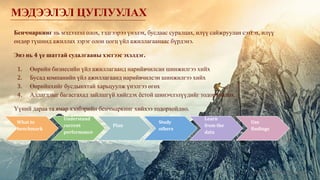 PMBOK Guide 6th edition
Бенчмаркинг нь мэдээлэл олох, тэдгээрээ үнэлэх, бусдаас суралцах, илүү сайжруулан сэтгэх, илүү
өндөр түшинд ажиллах зэрэг олон цогц үйл ажиллагаанаас бүрдэнэ.
Энэ нь 4 үе шаттай судалгааны хэсгээс эхэлдэг.
1. Өөрийн бизнесийн үйл ажиллагаанд нарийвчилсан шинжилгээ хийх
2. Бусад компанийн үйл ажиллагаанд нарийвчилсэн шинжилгээ хийх
3. Өөрийнхийг бусдынхтай харьцуулж үнэлгээ өгөх
4. Алдагдлыг багасгахад зайлшгүй хийгдэх ёстой шинэчлэлүүдийг тодорхойлох.
Үүний дараа та ямар хэлбэрийн бенчмаркинг хийхээ тодорхойлно.
МЭДЭЭЛЭЛ ЦУГЛУУЛАХ
What to
benchmark
Study
others
Plan
Understand
current
performance
Learn
from the
data
Use
findings
 