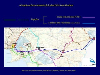 (http://www.rave.pt/pdf/rel_comissao_3tejo/2007-11-22_Relatorio_Comissao_TTT_anexo_4.pdf) A ligação ao Novo Aeroporto de Lisboa (NAL) em Alcochete à rede convencional (CFC) à rede de alta velocidade  (Lisboa-Madrid) Ligações 