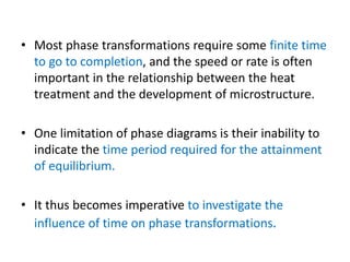 • Most phase transformations require some finite time
to go to completion, and the speed or rate is often
important in the relationship between the heat
treatment and the development of microstructure.
• One limitation of phase diagrams is their inability to
indicate the time period required for the attainment
of equilibrium.
• It thus becomes imperative to investigate the
influence of time on phase transformations.
 