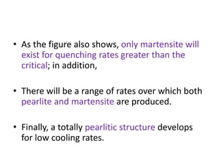 • As the figure also shows, only martensite will
exist for quenching rates greater than the
critical; in addition,
• There will be a range of rates over which both
pearlite and martensite are produced.
• Finally, a totally pearlitic structure develops
for low cooling rates.
 
