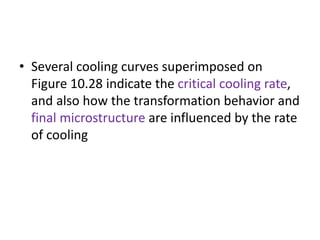 • Several cooling curves superimposed on
Figure 10.28 indicate the critical cooling rate,
and also how the transformation behavior and
final microstructure are influenced by the rate
of cooling
 