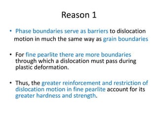 Reason 1
• Phase boundaries serve as barriers to dislocation
motion in much the same way as grain boundaries
• For fine pearlite there are more boundaries
through which a dislocation must pass during
plastic deformation.
• Thus, the greater reinforcement and restriction of
dislocation motion in fine pearlite account for its
greater hardness and strength.
 