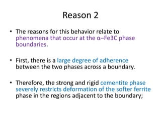 Reason 2
• The reasons for this behavior relate to
phenomena that occur at the α–Fe3C phase
boundaries.
• First, there is a large degree of adherence
between the two phases across a boundary.
• Therefore, the strong and rigid cementite phase
severely restricts deformation of the softer ferrite
phase in the regions adjacent to the boundary;
 