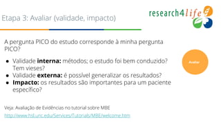 Etapa 3: Avaliar (validade, impacto)
A pergunta PICO do estudo corresponde à minha pergunta
PICO?
● Validade interna: métodos; o estudo foi bem conduzido?
Tem vieses?
● Validade externa: é possível generalizar os resultados?
● Impacto: os resultados são importantes para um paciente
específico?
Veja: Avaliação de Evidências no tutorial sobre MBE
http://www.hsl.unc.edu/Services/Tutorials/MBE/welcome.htm
Avaliar
 